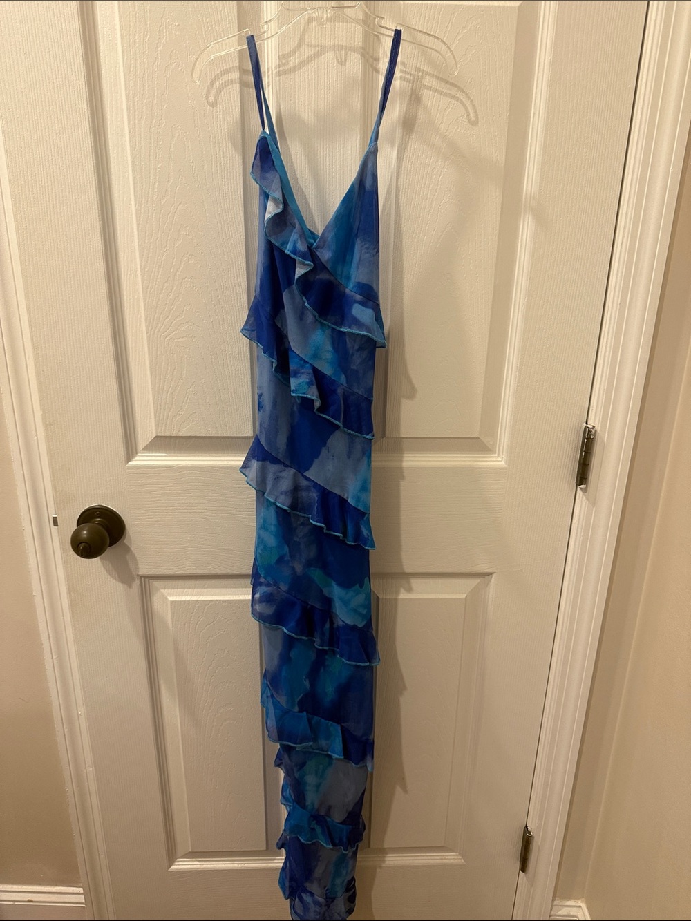 SHEIN Blue Watercolor Ruffle Maxi Dress